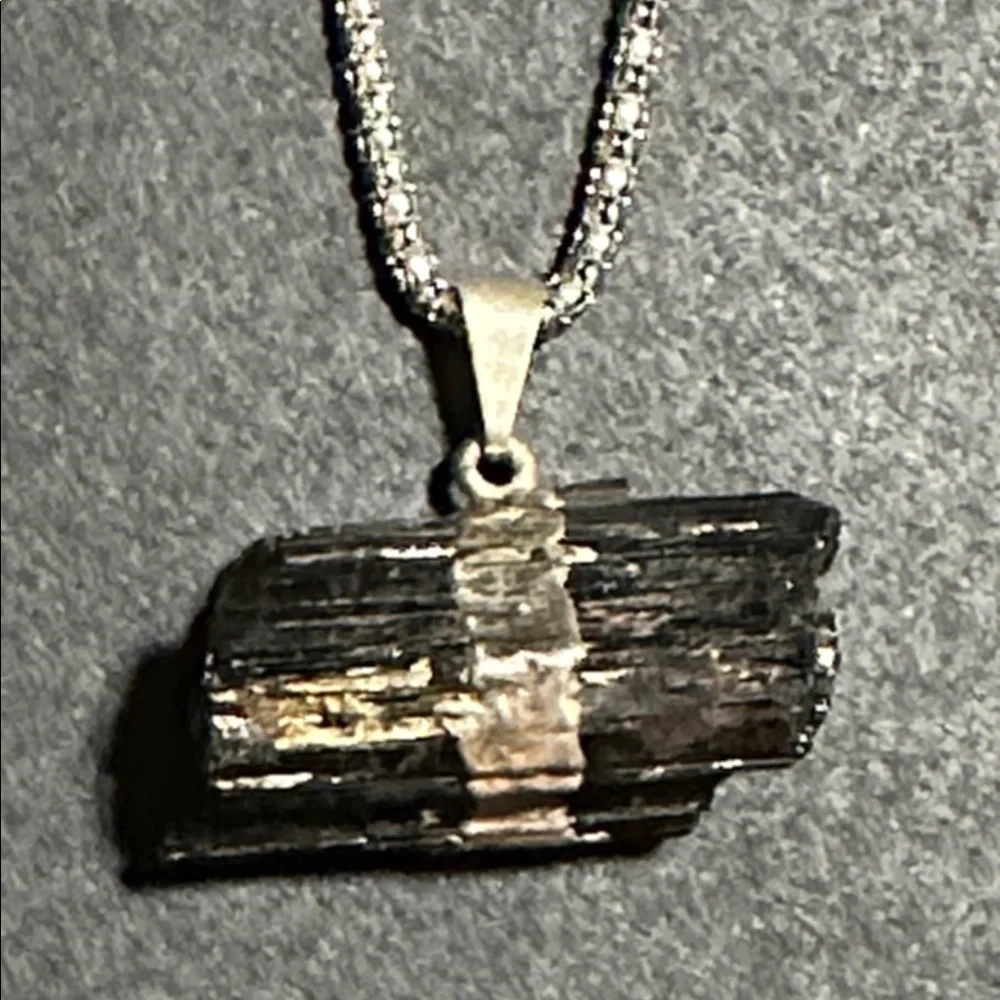 Raw Black Tourmaline Horizontal Pendant Necklace